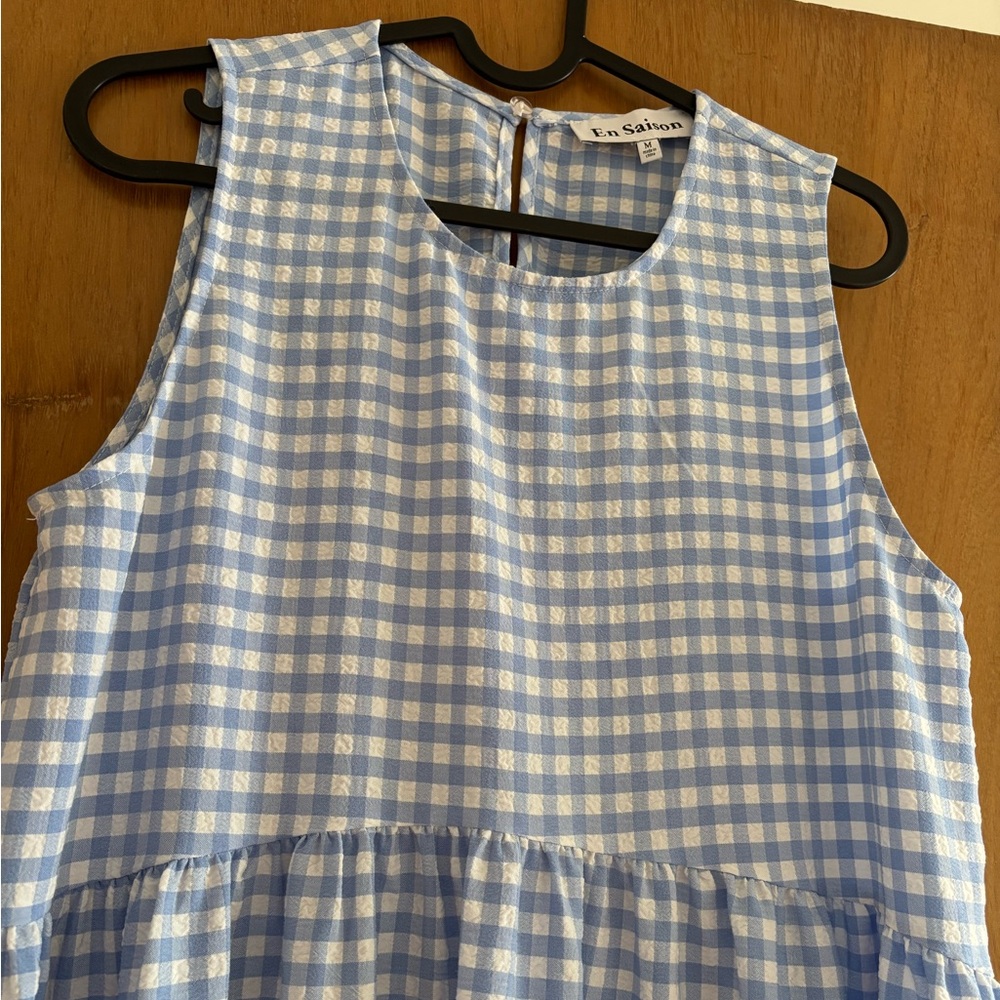 Sleeveless Blue Gingham Tiered Maxi Dress - Picture 3 of 3
